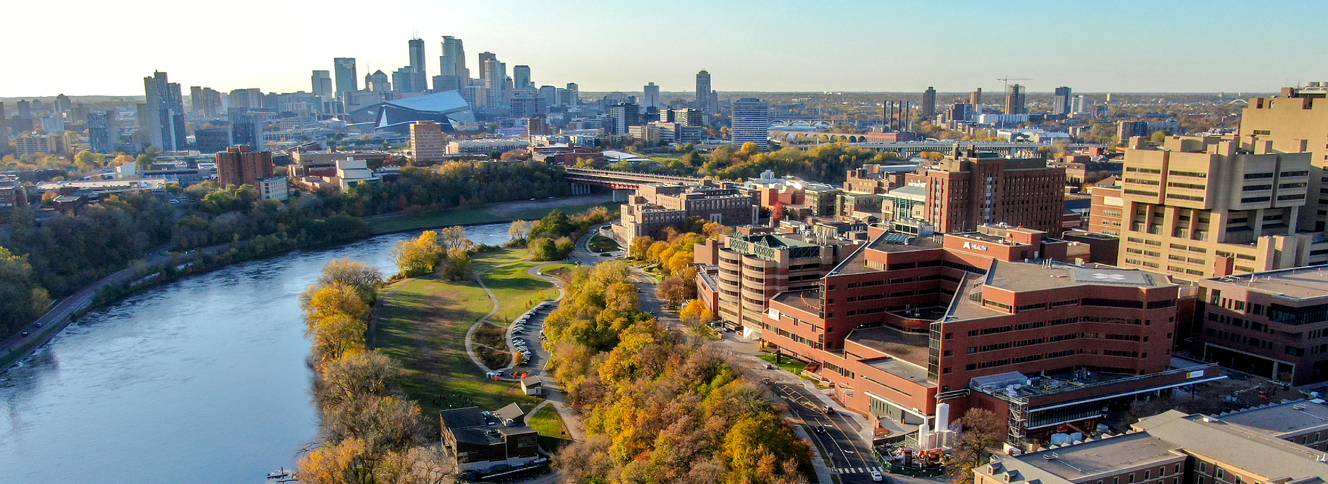 Aerial view of East bank and West bank Skyline